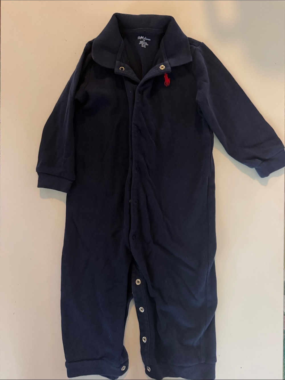 Ralph Lauren Navy One-Piece Footie with Red Polo Logo